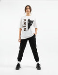 Front view of GENZs Fashion "MEOW" cat print oversized tee, a trending aesthetic t-shirt for Gen Z shoppers in India.