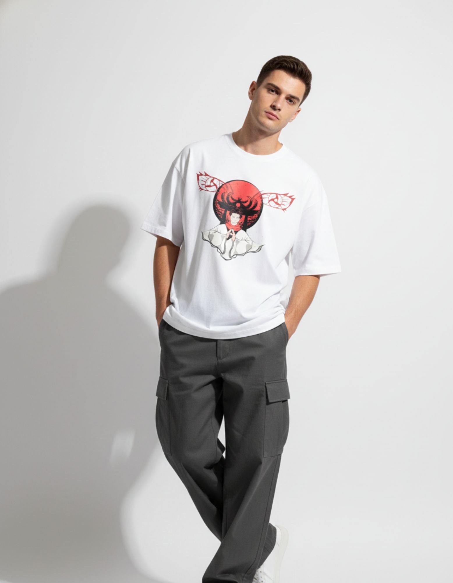 Front view of premium 240 GSM heavyweight cotton white oversized anime shirt by GENZs Fashion, ideal for Indian Gen Z fashion.
