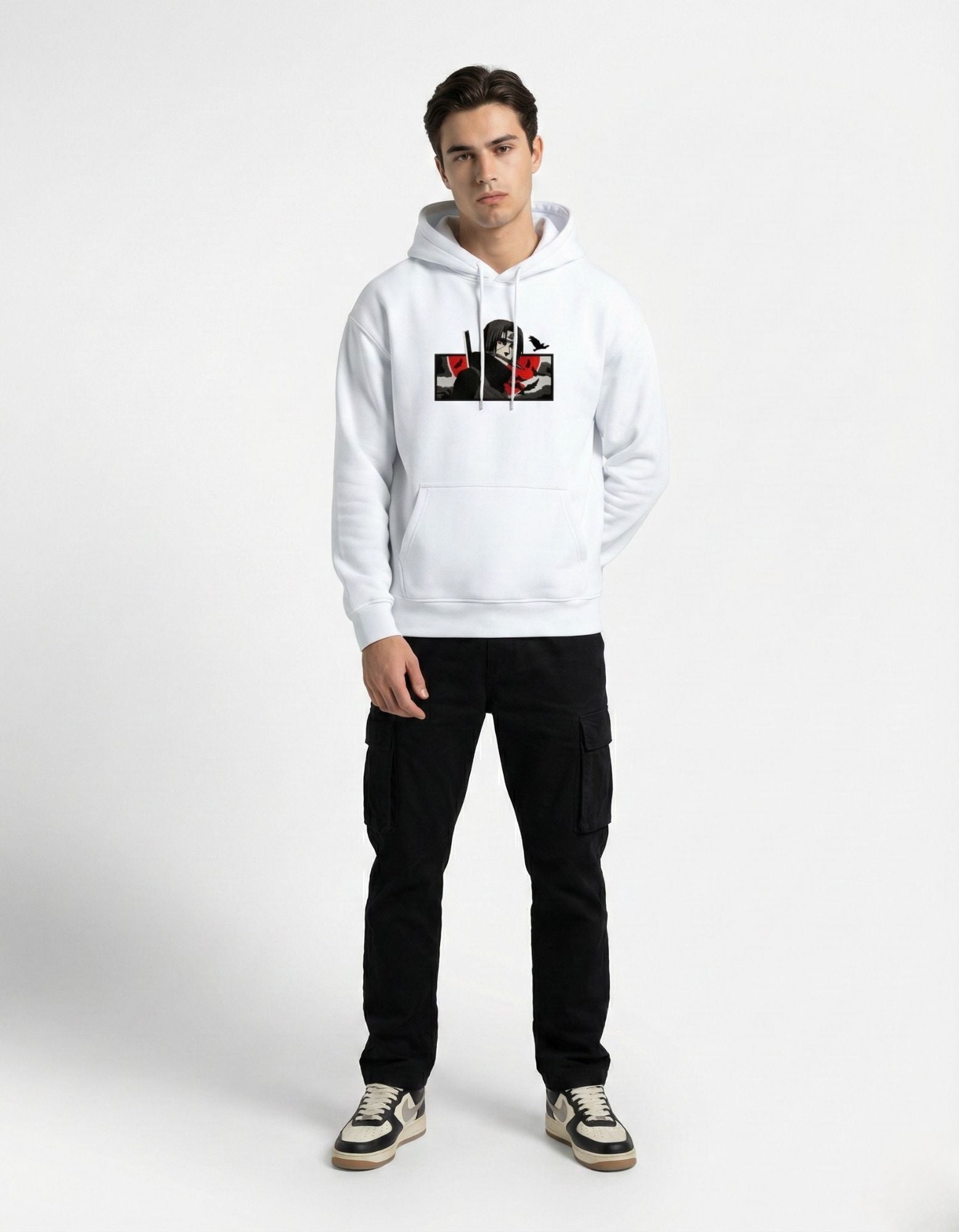 Front view of a premium white GENZs Fashion streetwear hoodie featuring a high-quality Itachi Uchiha anime graphic.