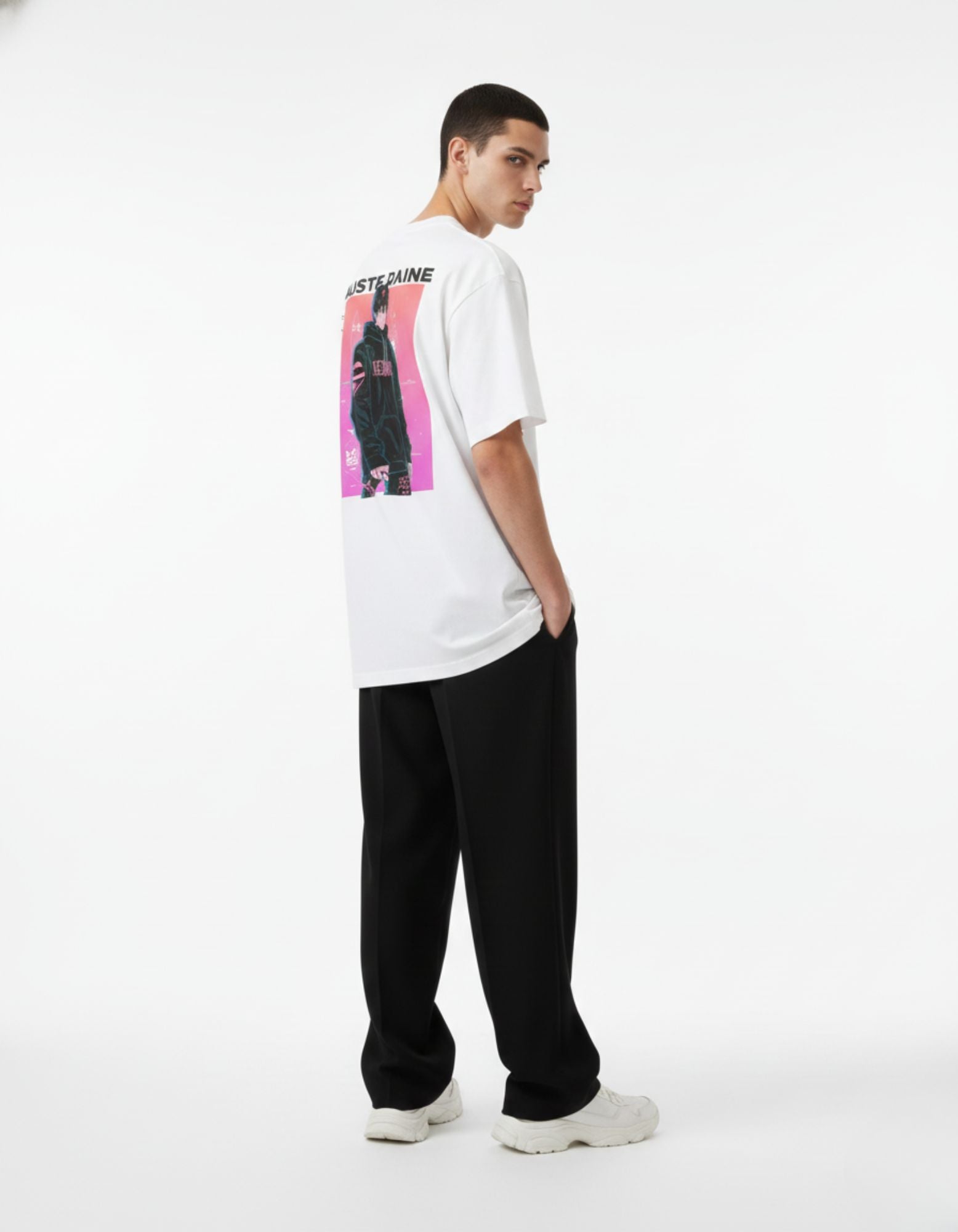 Male model showcasing the back of a white GENZs Fashion t-shirt with a pink and black anime character design.