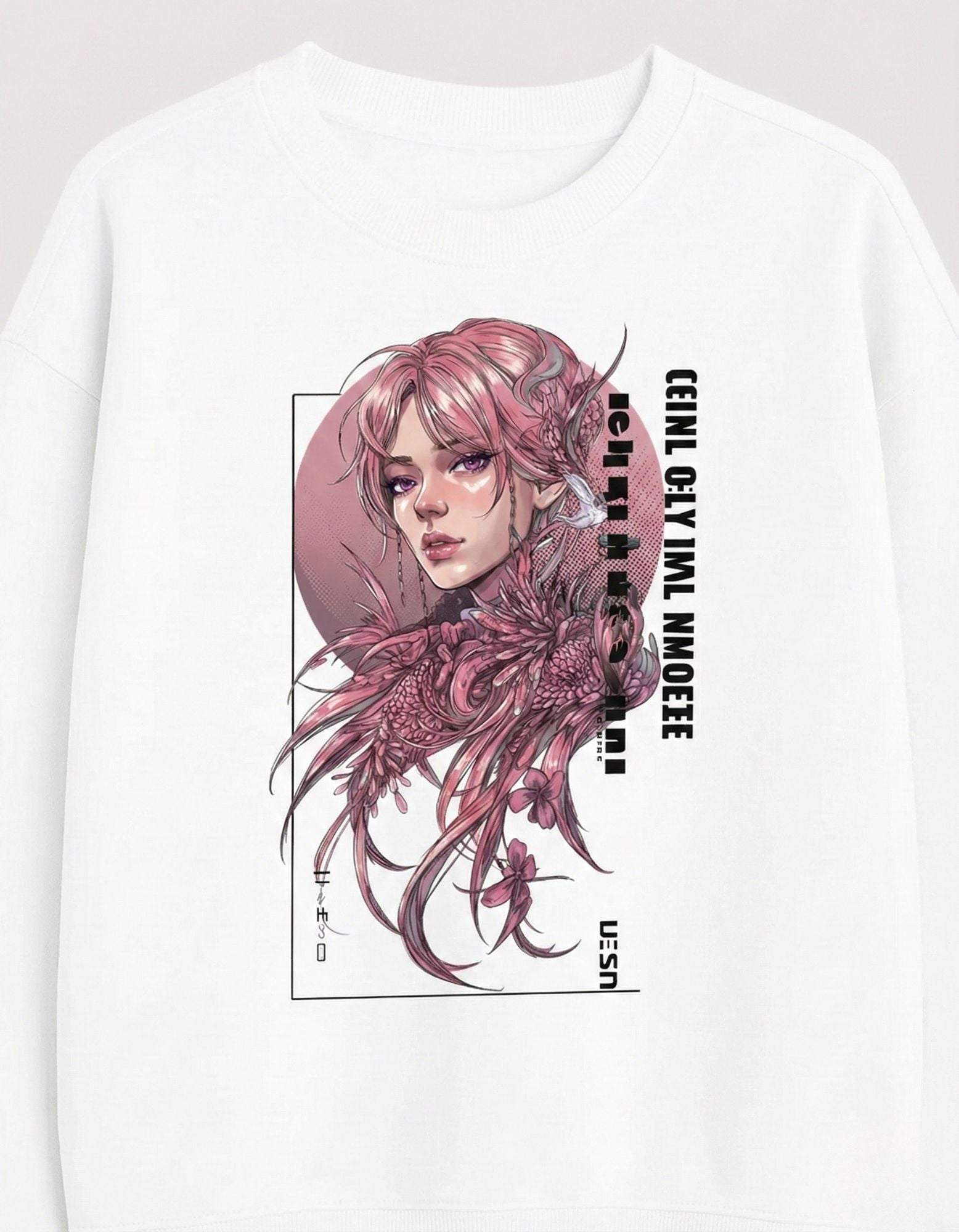 Close-up of the detailed pink-haired anime girl graphic with floral accents on a premium white GENZs Fashion sweatshirt.