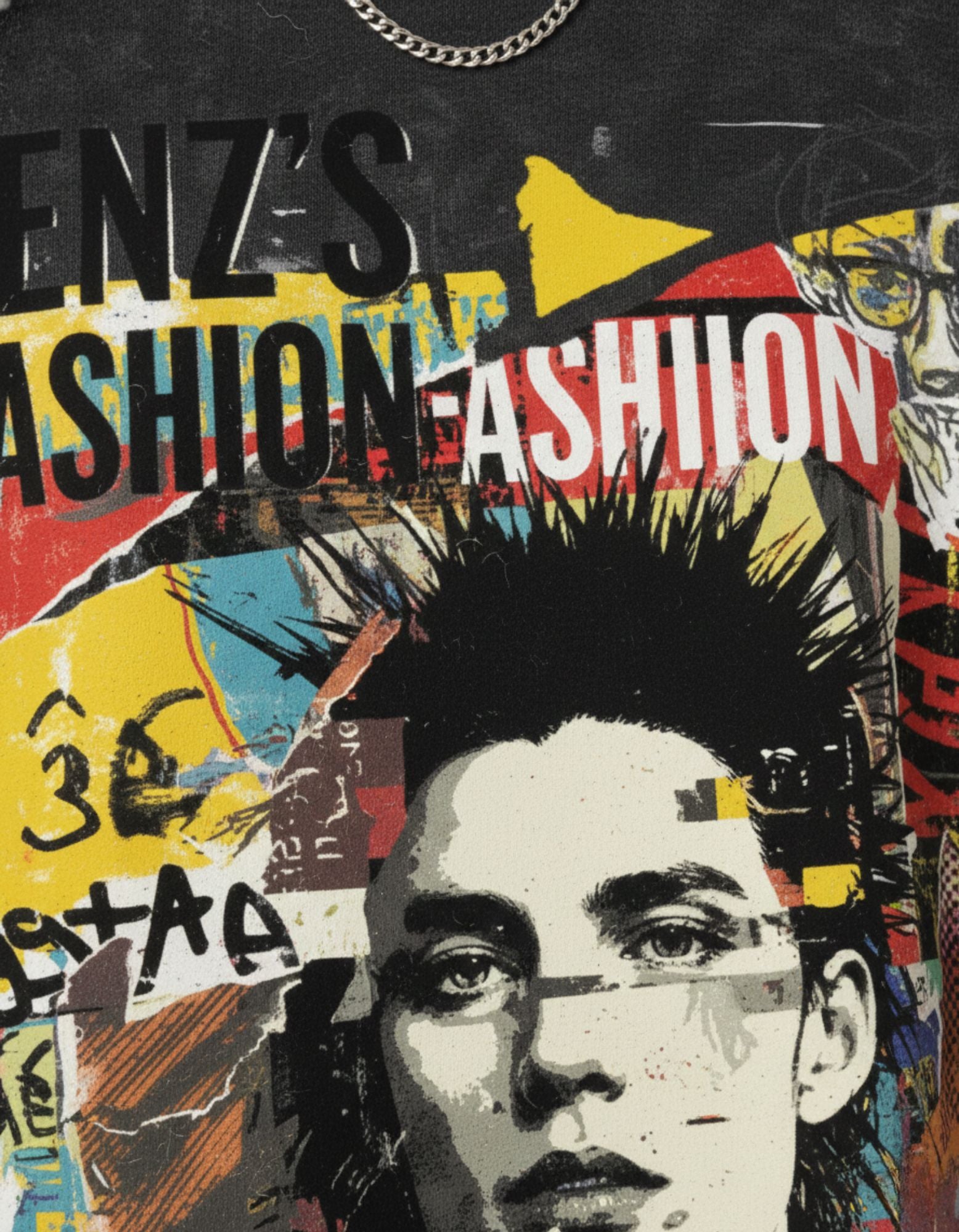 Close-up of the vintage punk collage graphic featuring a mohawk portrait and GENZs Fashion logo on a charcoal streetwear tee.