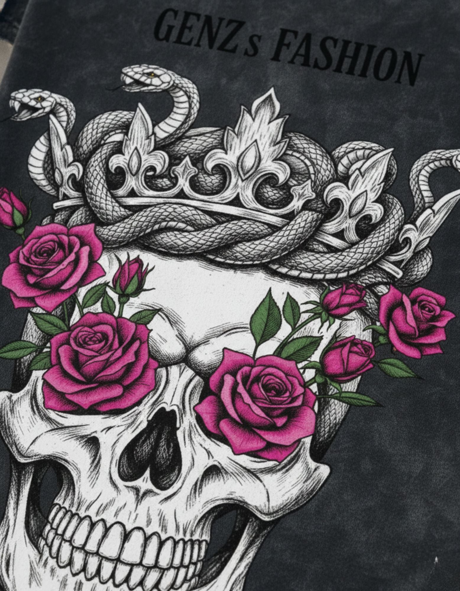 Detailed high-quality graphic print for GENZs Fashion oversized t-shirt featuring a skull, snake crown, and pink roses.