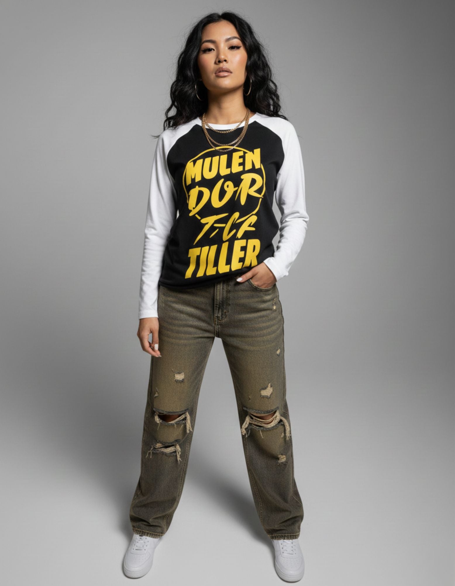 Front view of GENZs Fashion "MULEN DOR" yellow typography raglan tee, a trending varsity aesthetic for Indian Gen Z.
