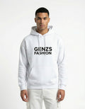 Male model wearing a GENZs FASHION white oversized hoodie with white cargo pants and sneakers.