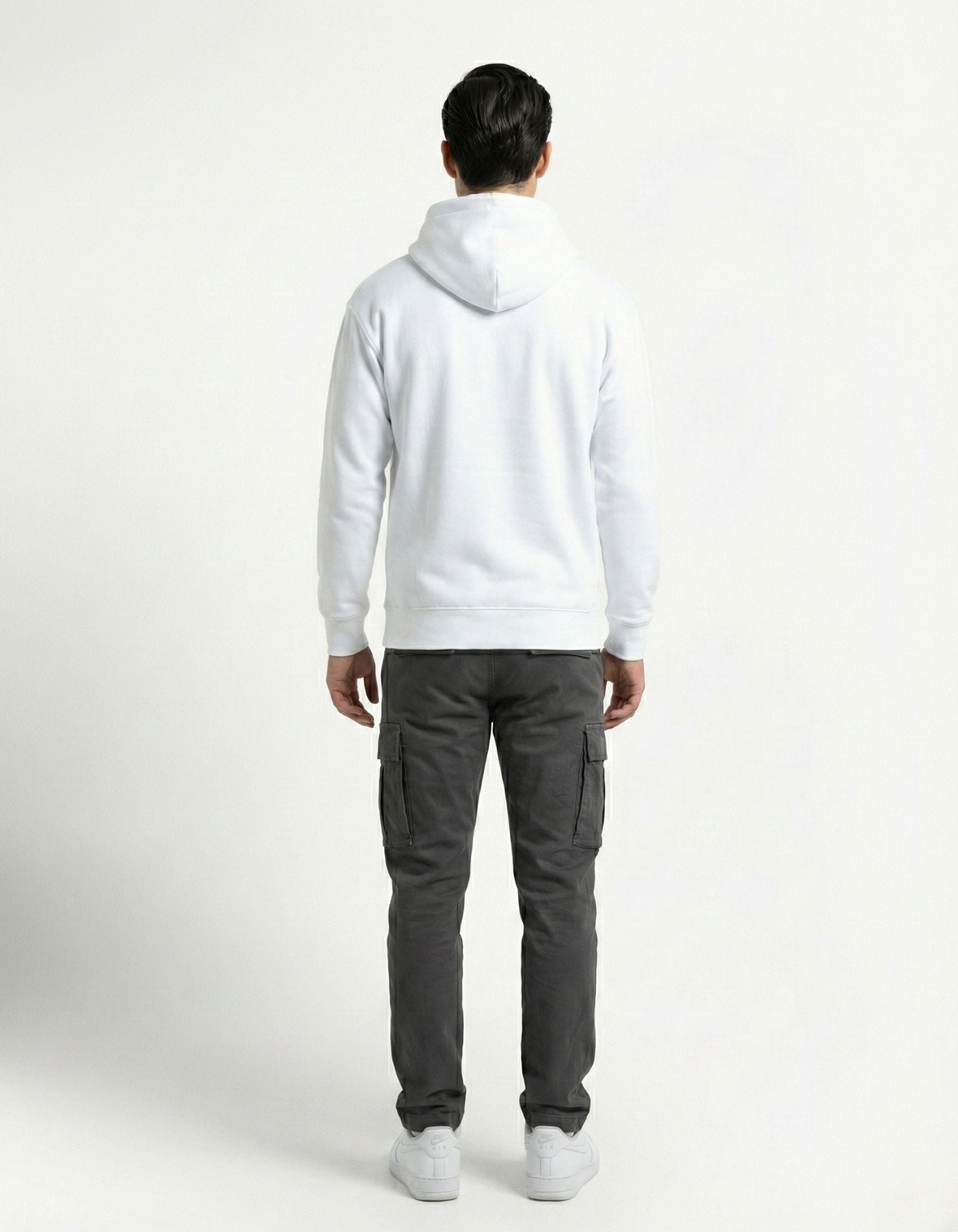 Back view of a minimalist white cotton hoodie by GENZs Fashion, showing the clean streetwear fit and hood detail.