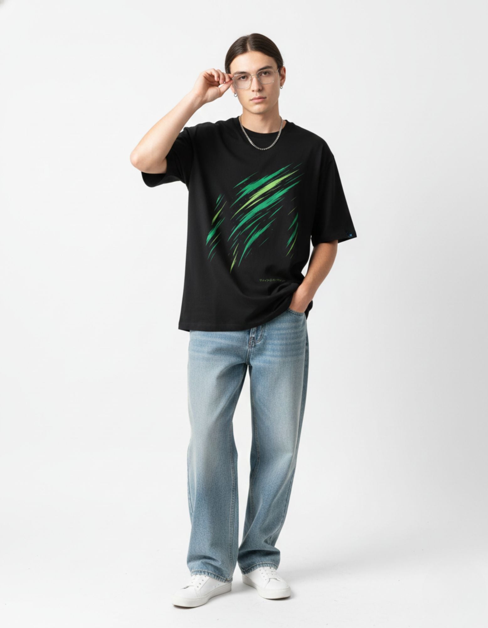 Back view of the black oversized graphic tee showing the high-quality 100% cotton material and clean finish.