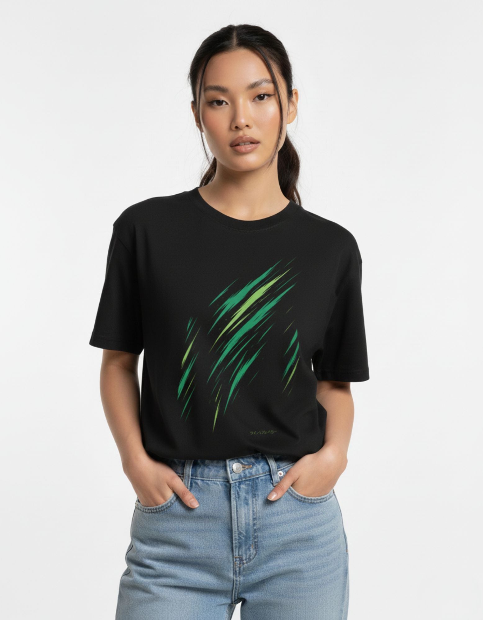 GENZs Fashion black oversized t-shirt with a green Wind Breaker anime graphic, modeled for a streetwear look.