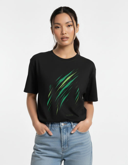 GENZs Fashion black oversized t-shirt with a green Wind Breaker anime graphic, modeled for a streetwear look.