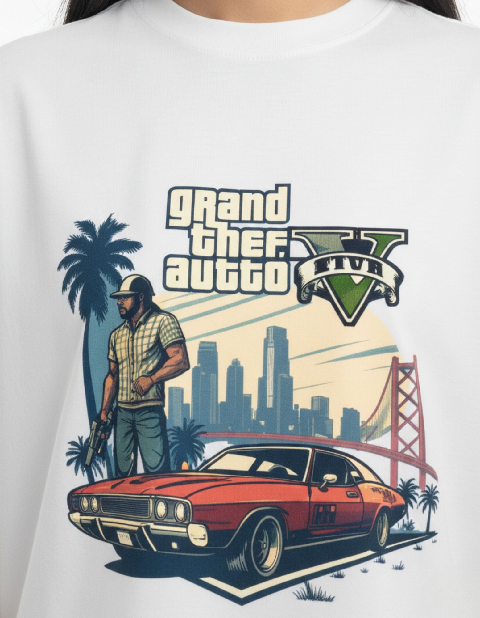 Close-up of high-quality GTA V inspired graphic print on white 240 GSM cotton t-shirt.