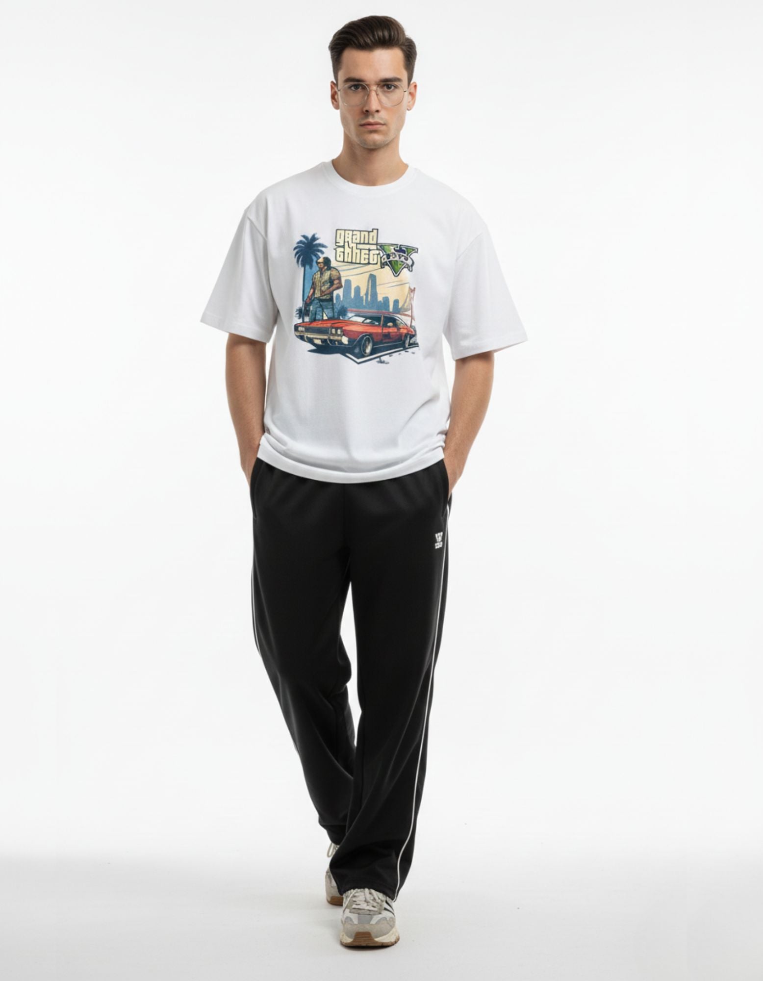Men wearing white GTA V inspired oversized graphic t-shirt, premium gaming merchandise India.