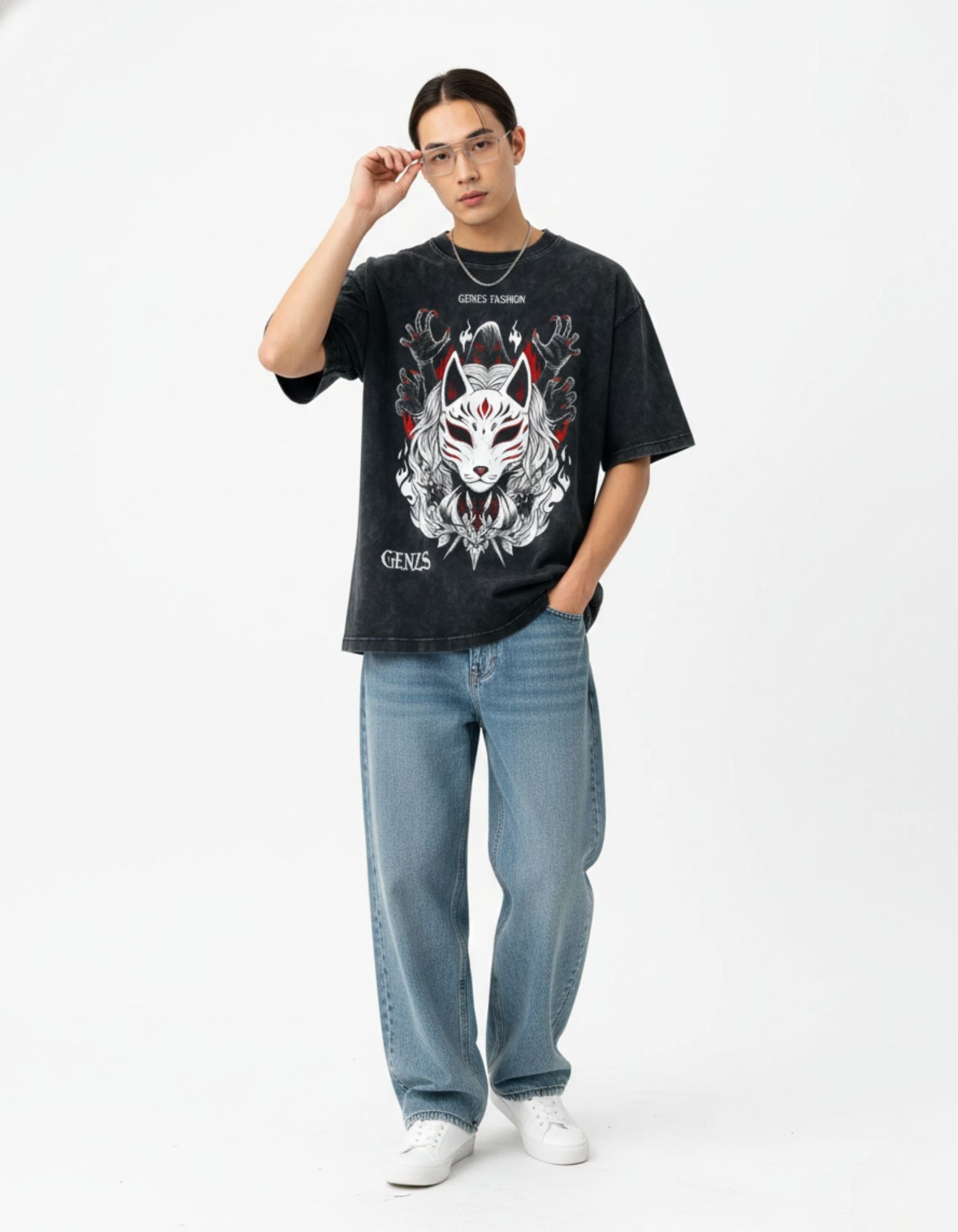 Urban streetwear styling featuring the Kitsune mask graphic tee, blue jeans, and silver chain for a cyberpunk look.