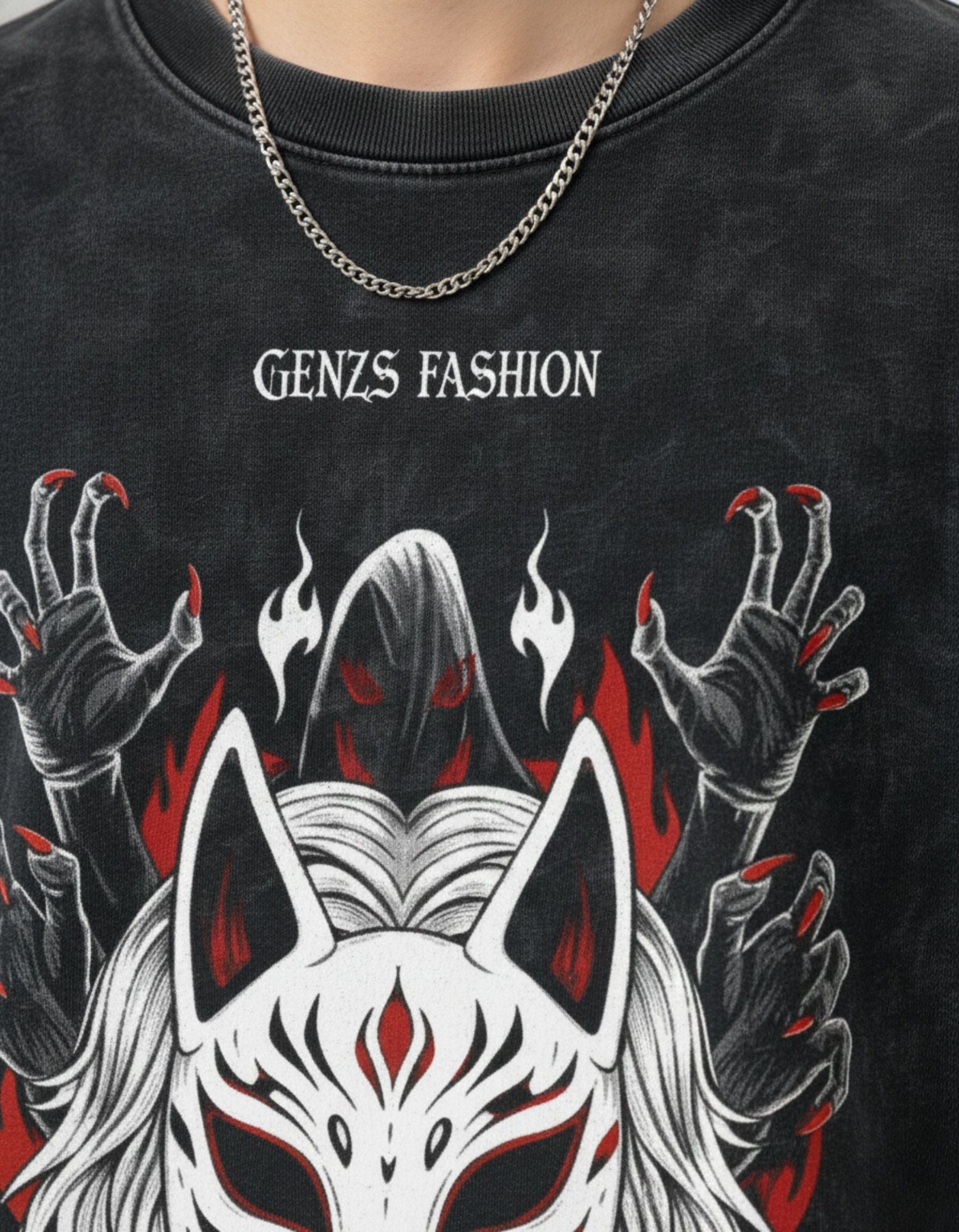 Close-up of the white and red Japanese Kitsune mask graphic on a vintage charcoal GENZs Fashion streetwear tee.