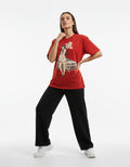 Premium red oversized graphic t-shirt featuring a Japanese anime girl with a katana and a silver E46 car design. Perfect for streetwear enthusiasts.