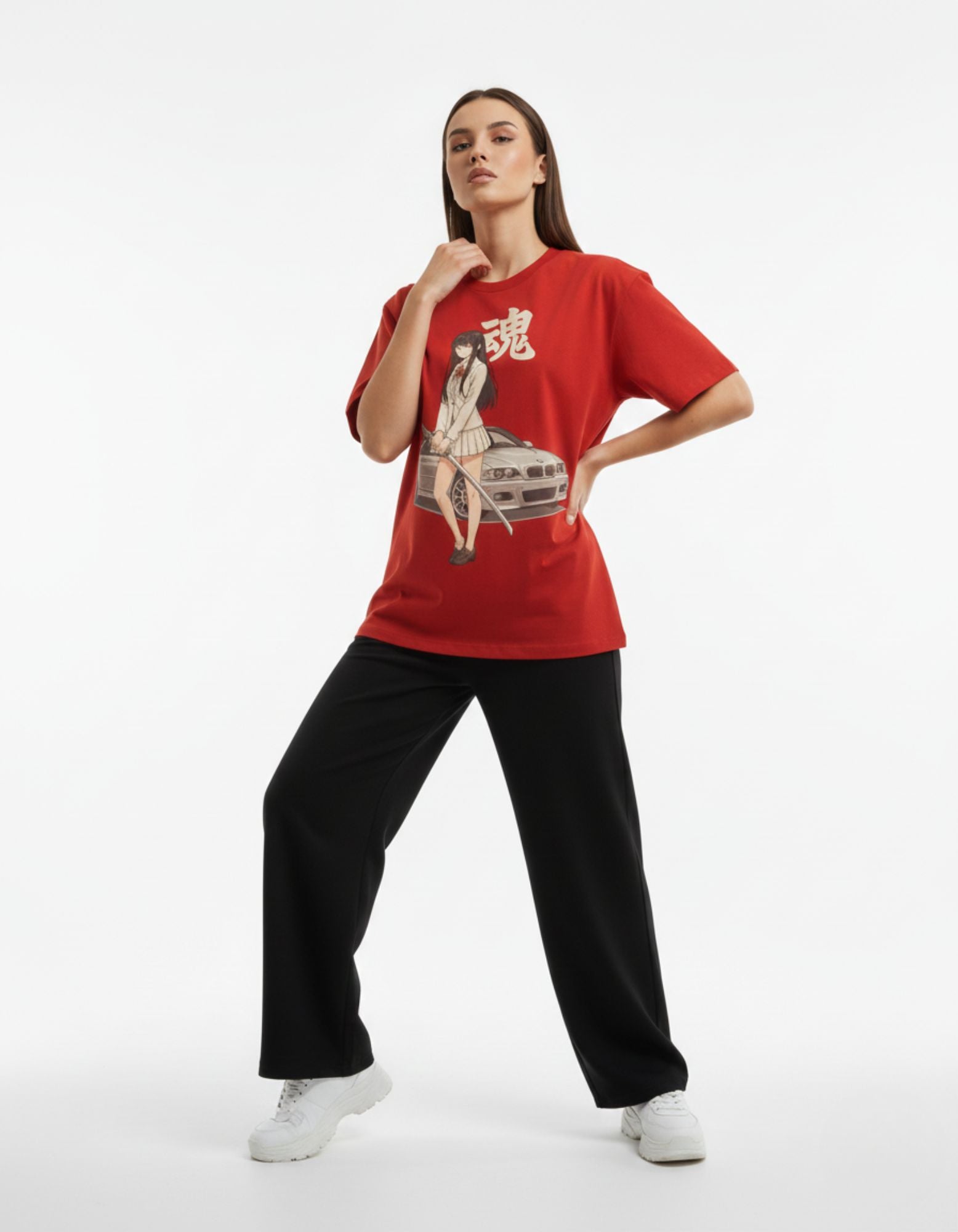 Premium red oversized graphic t-shirt featuring a Japanese anime girl with a katana and a silver E46 car design. Perfect for streetwear enthusiasts.