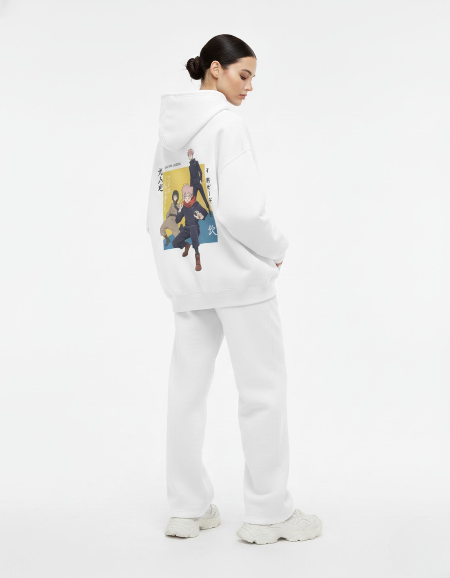 Aesthetic white anime hoodie from GENZs Fashion featuring a back print of Jujutsu Kaisen characters, ideal for trendy streetwear outfits.