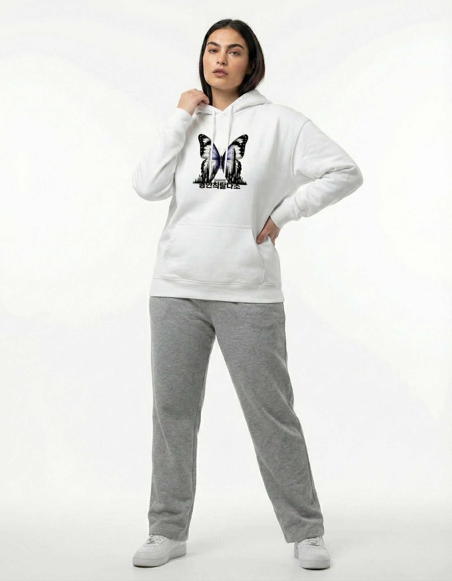 GENZs Fashion white oversized hoodie with butterfly graphic and Korean lettering, trendy Gen Z fashion.