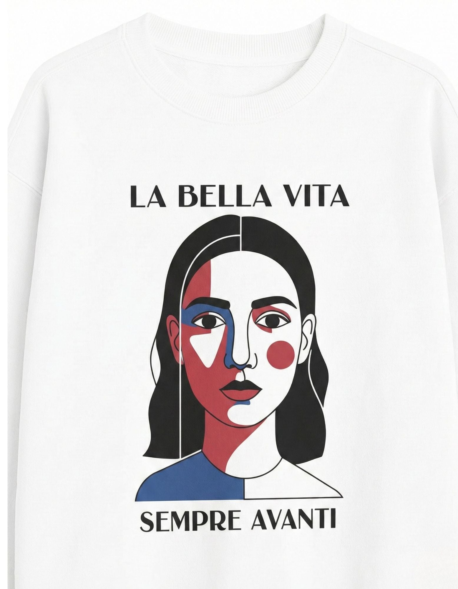High-resolution detail of the 'La Bella Vita' and 'Sempre Avanti' graphic print on a premium white heavyweight sweatshirt.