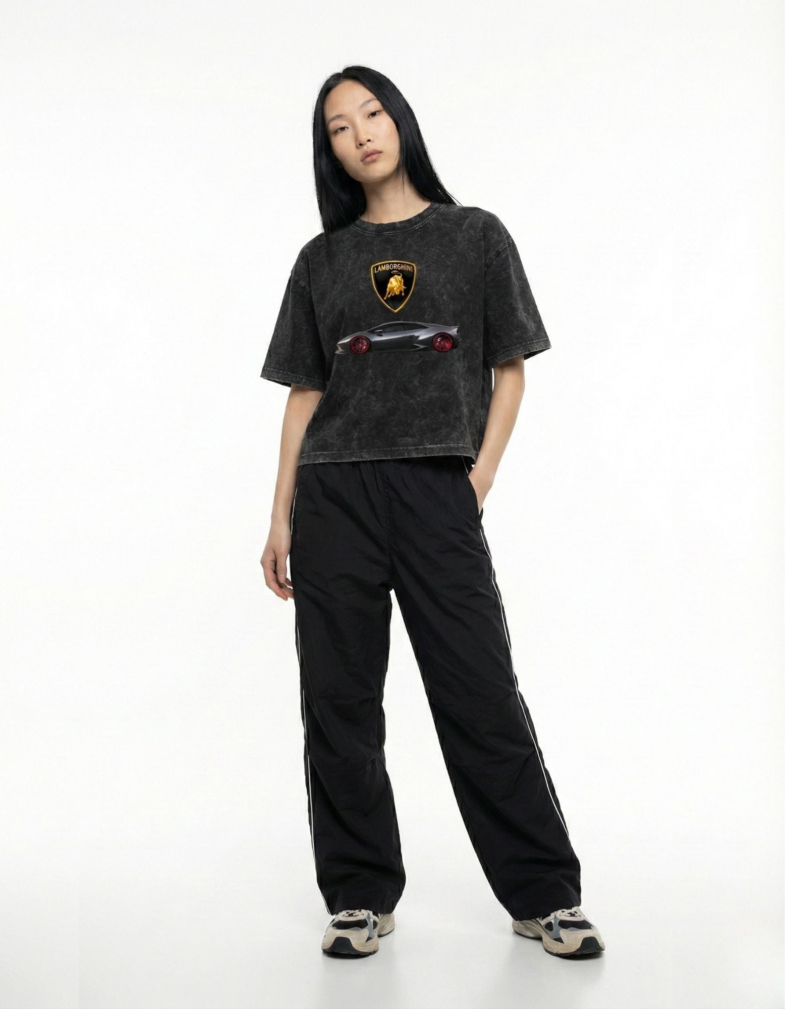 Women's vintage washed black t-shirt featuring a Lamborghini supercar graphic, a top choice for premium automobile fans in India.