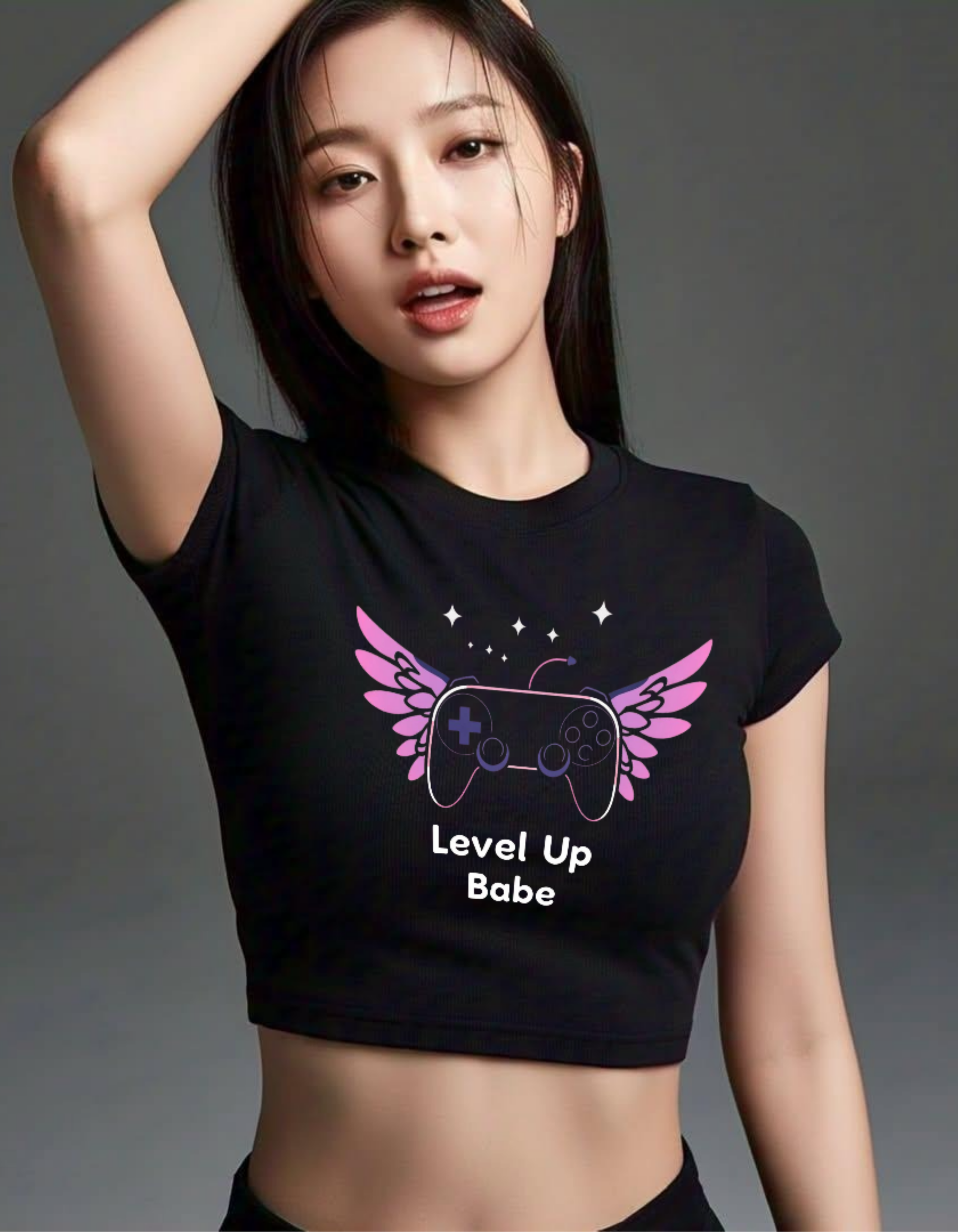 Level Up Babe Black Graphic Crop Top