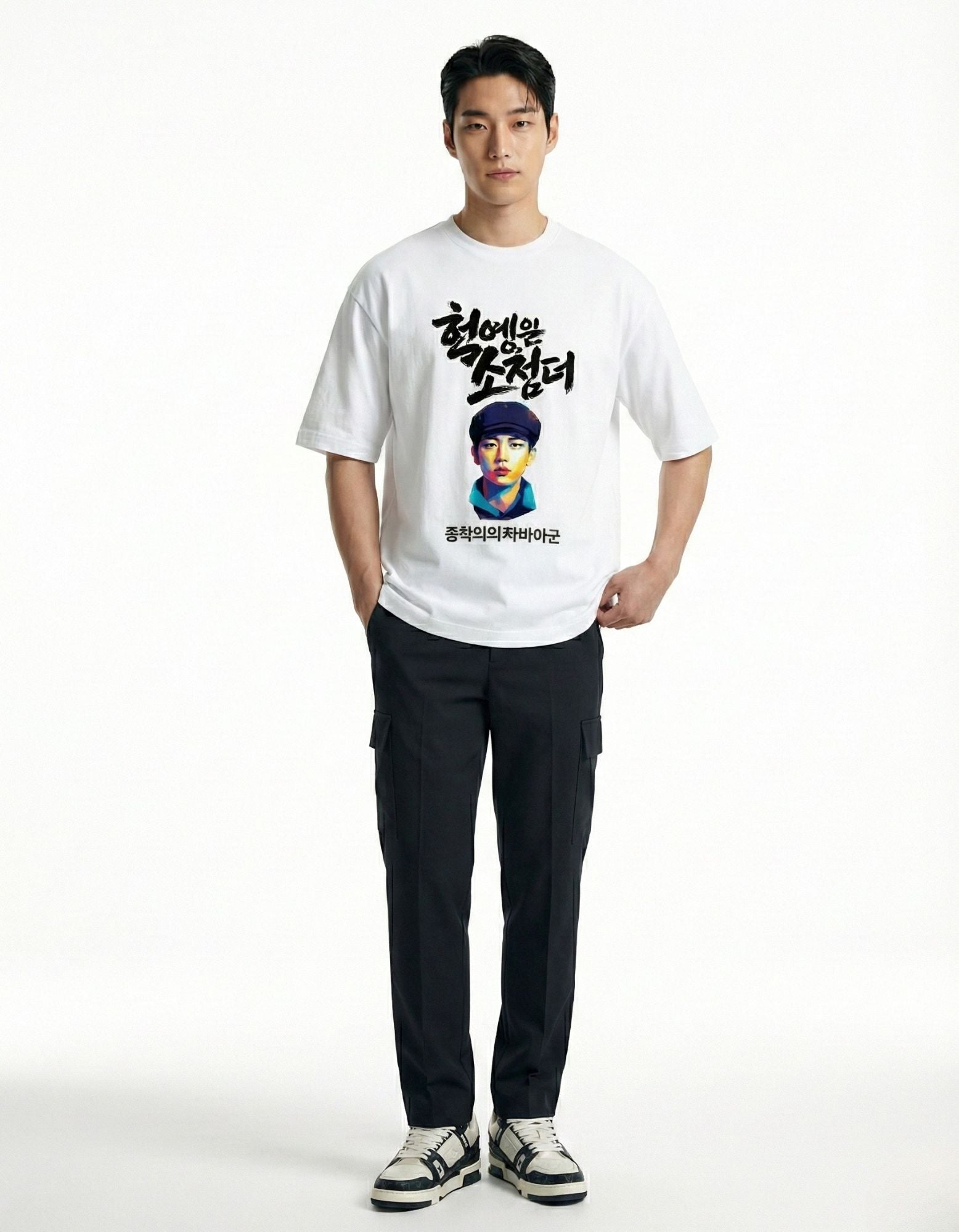 "Male model in a premium white drop shoulder t-shirt with Korean art, baggy streetwear style for men."