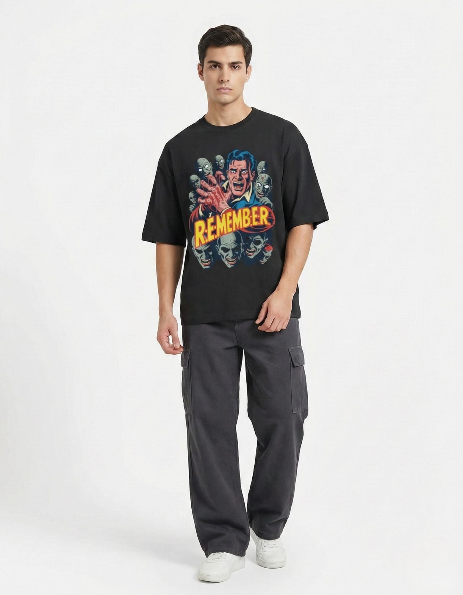 Front view of a man in a black GENZs Fashion horror graphic tee, representing the "Relentless Grind" and edgy aesthetic popular in Indian streetwear.