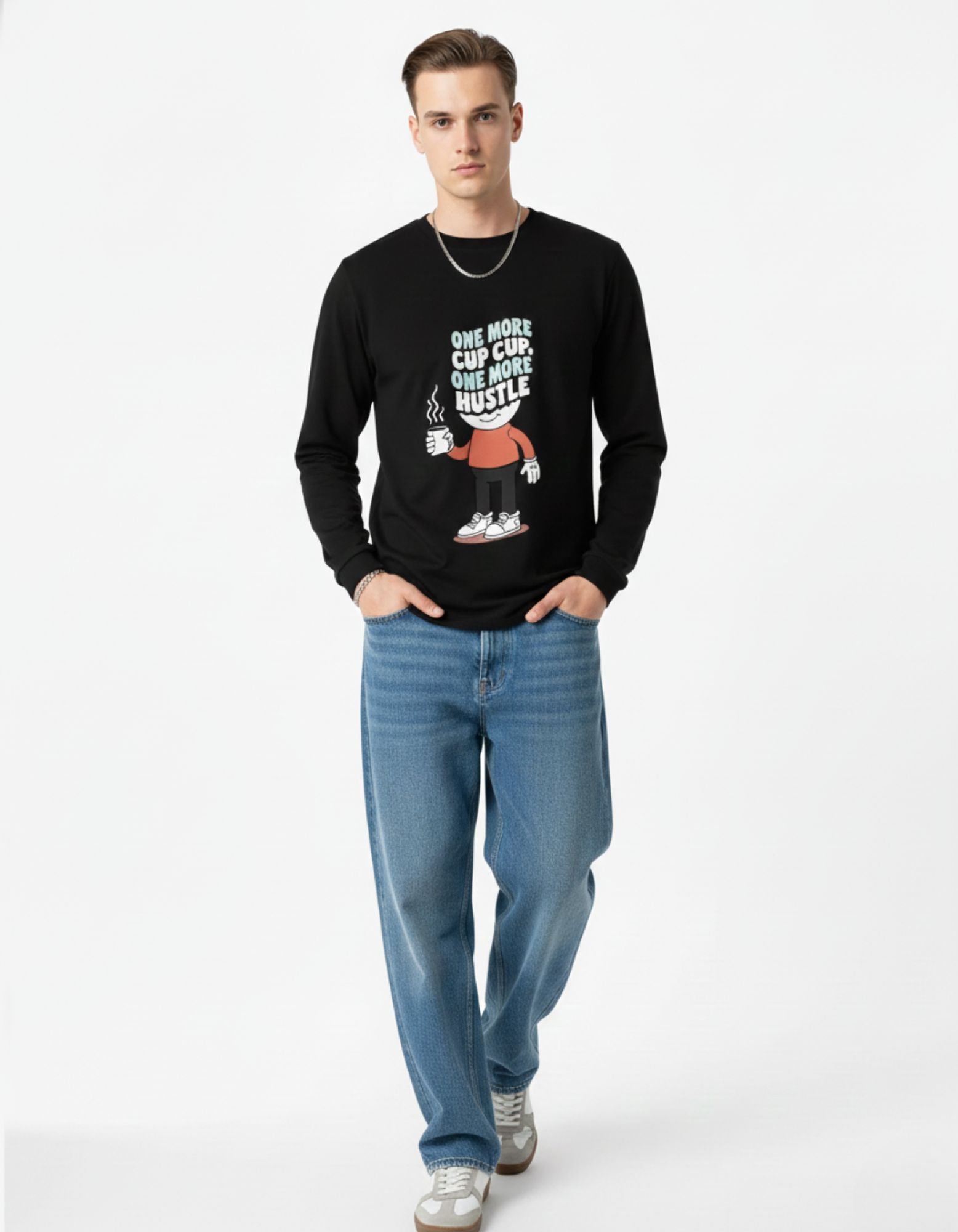 Male model wearing a GENZs Fashion black "One More Hustle" sweatshirt, representing the relentless grind aesthetic trending in Indian urban streetwear.