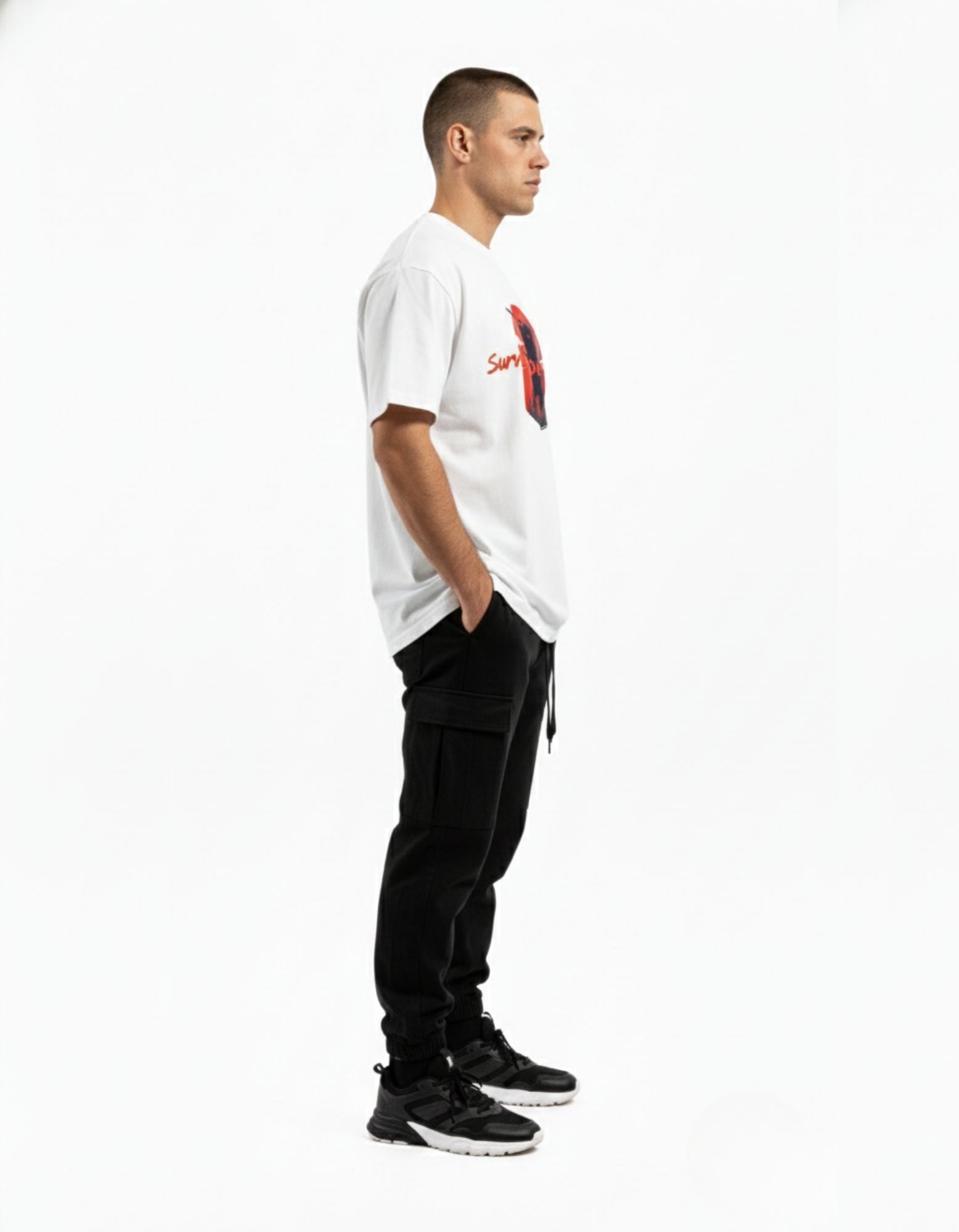 Side profile of white oversized graphic tee for men featuring Japanese samurai print, popular in Indian streetwear.