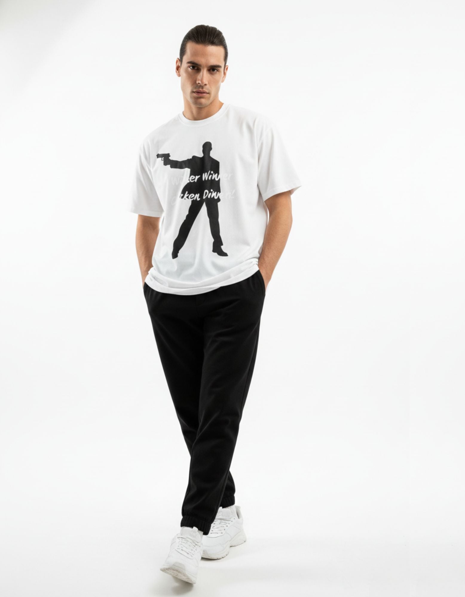 Indian male model wearing a GENZs Fashion white baggy fit t-shirt with a gaming silhouette, styled for urban streetwear.