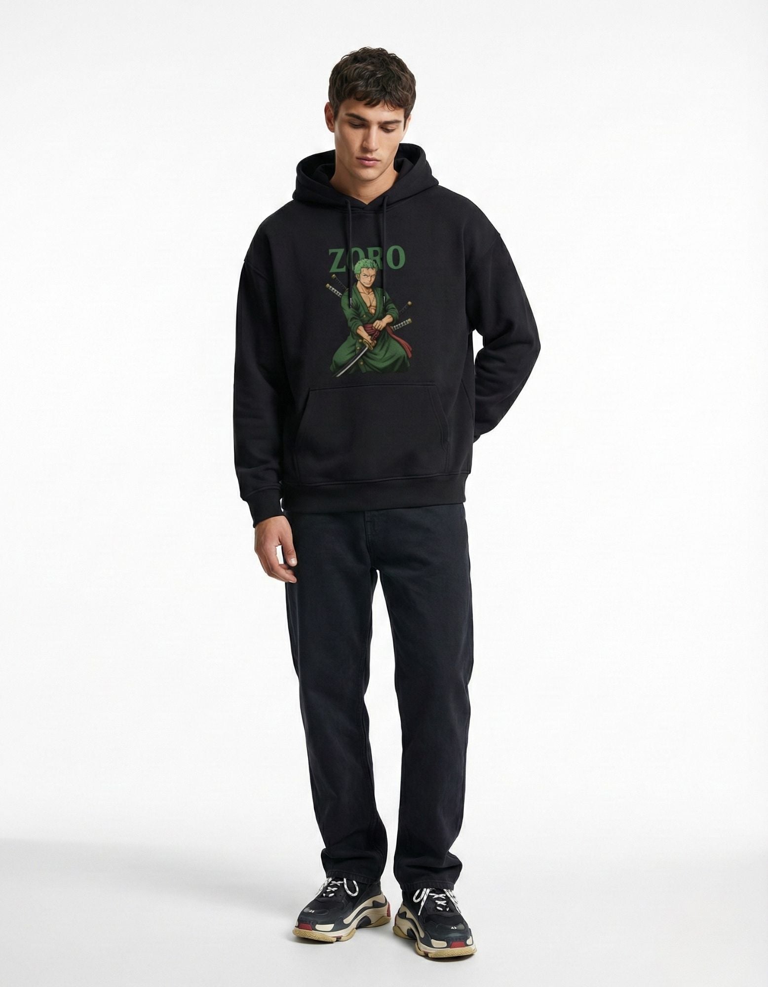 Front standing view of a male model in a black GENZs Fashion hoodie featuring a high-quality Roronoa Zoro illustration.