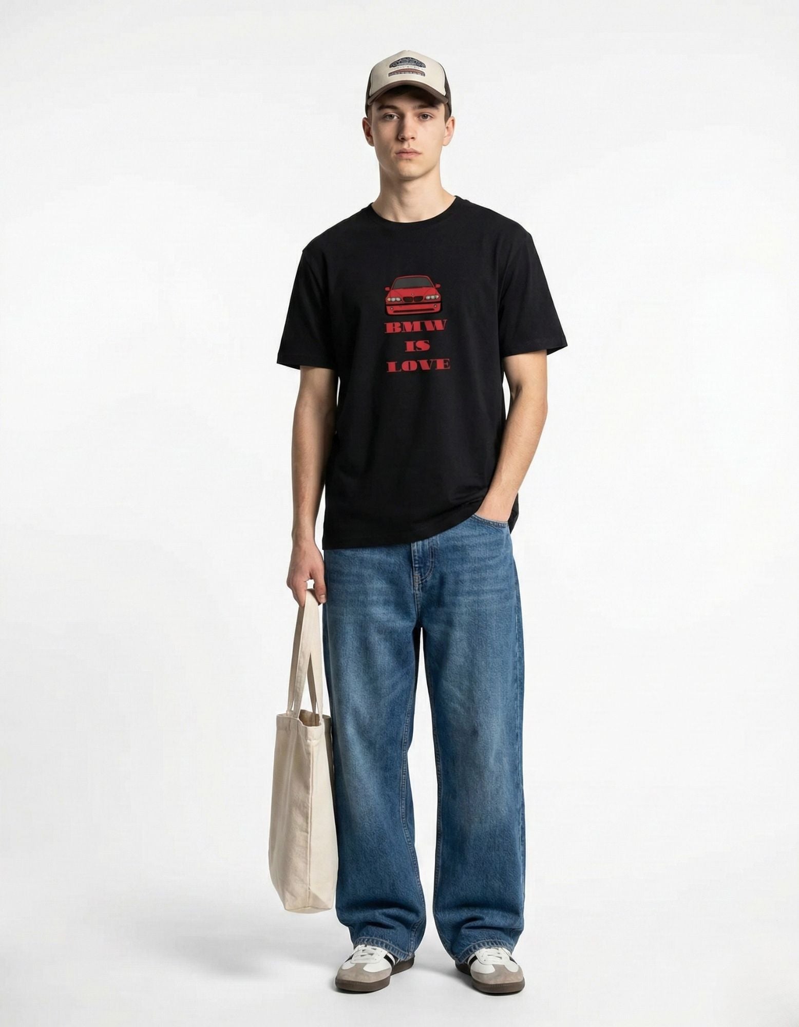 Male model wearing a black GENZs Fashion t-shirt with a red BMW E36 car graphic and 'BMW IS LOVE' red text.