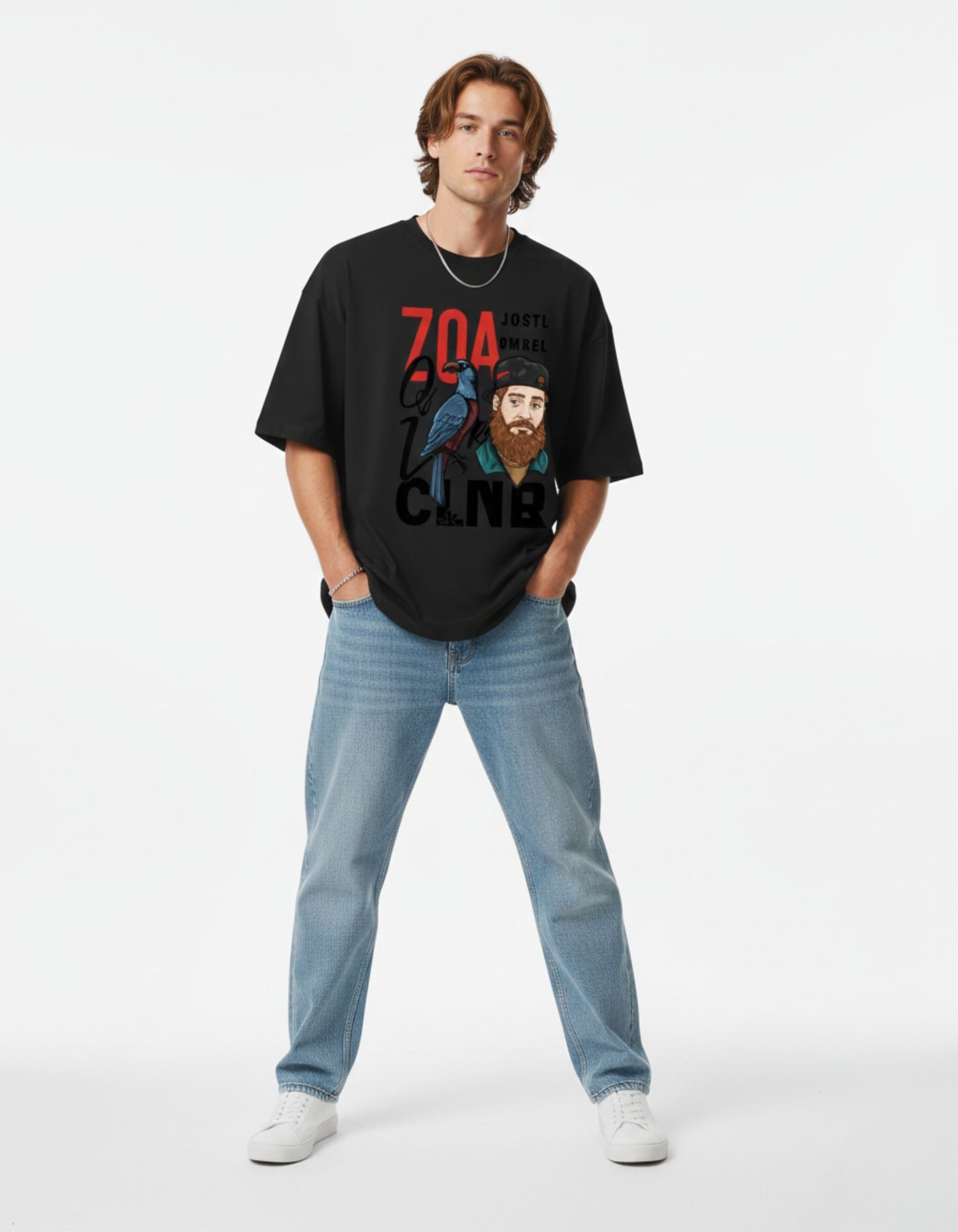 Male model in a premium black oversized graphic t-shirt with a vintage portrait and bird design by GENZs Fashion.