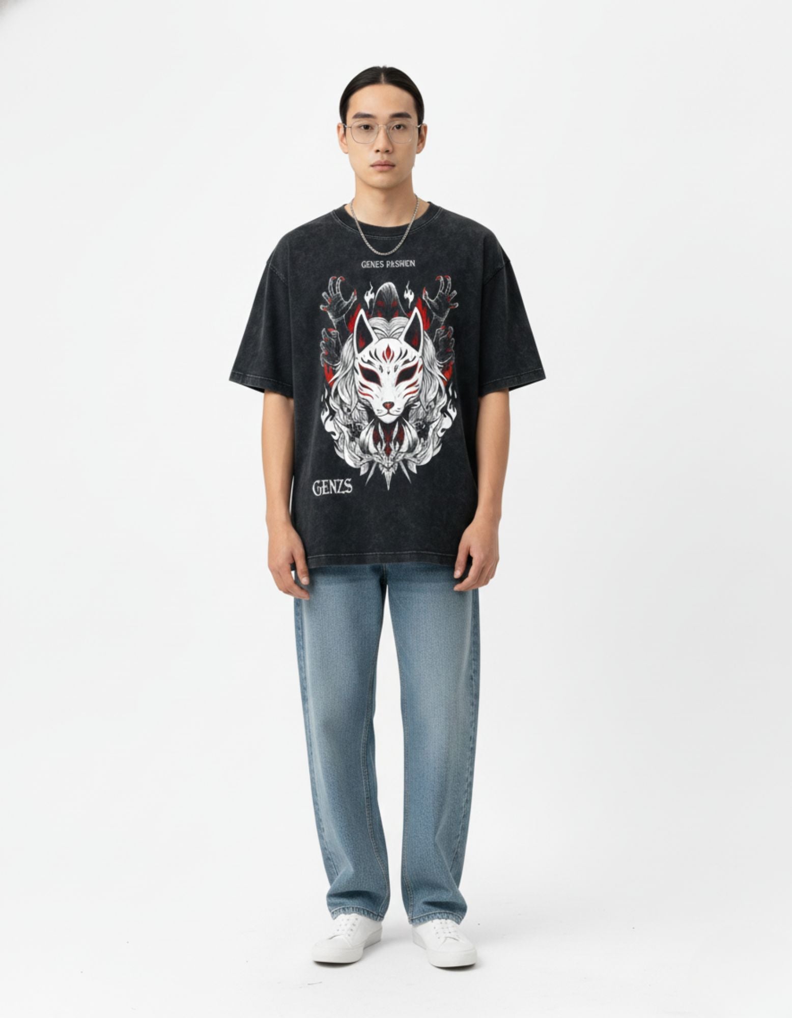 Buy the GENZs Fashion mens oversized charcoal t-shirt with a white and red Japanese demon mask graphic.