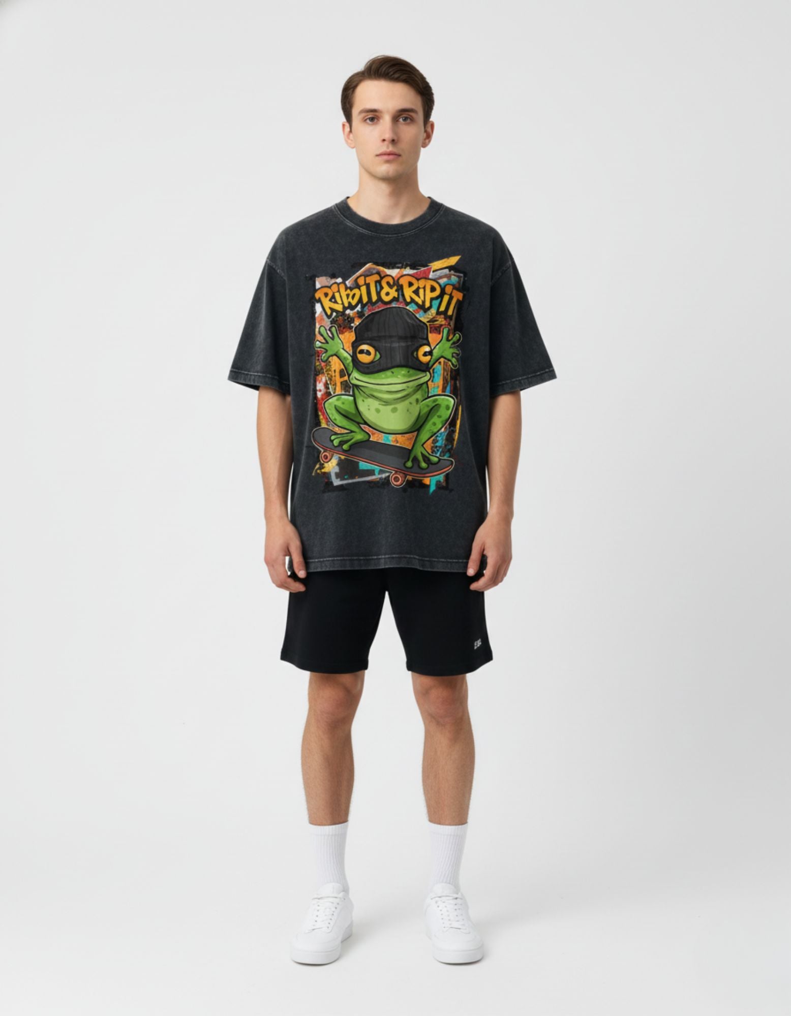 Buy the GENZs Fashion oversized charcoal streetwear graphic tee featuring a green frog skater design for an urban Gen Z look.