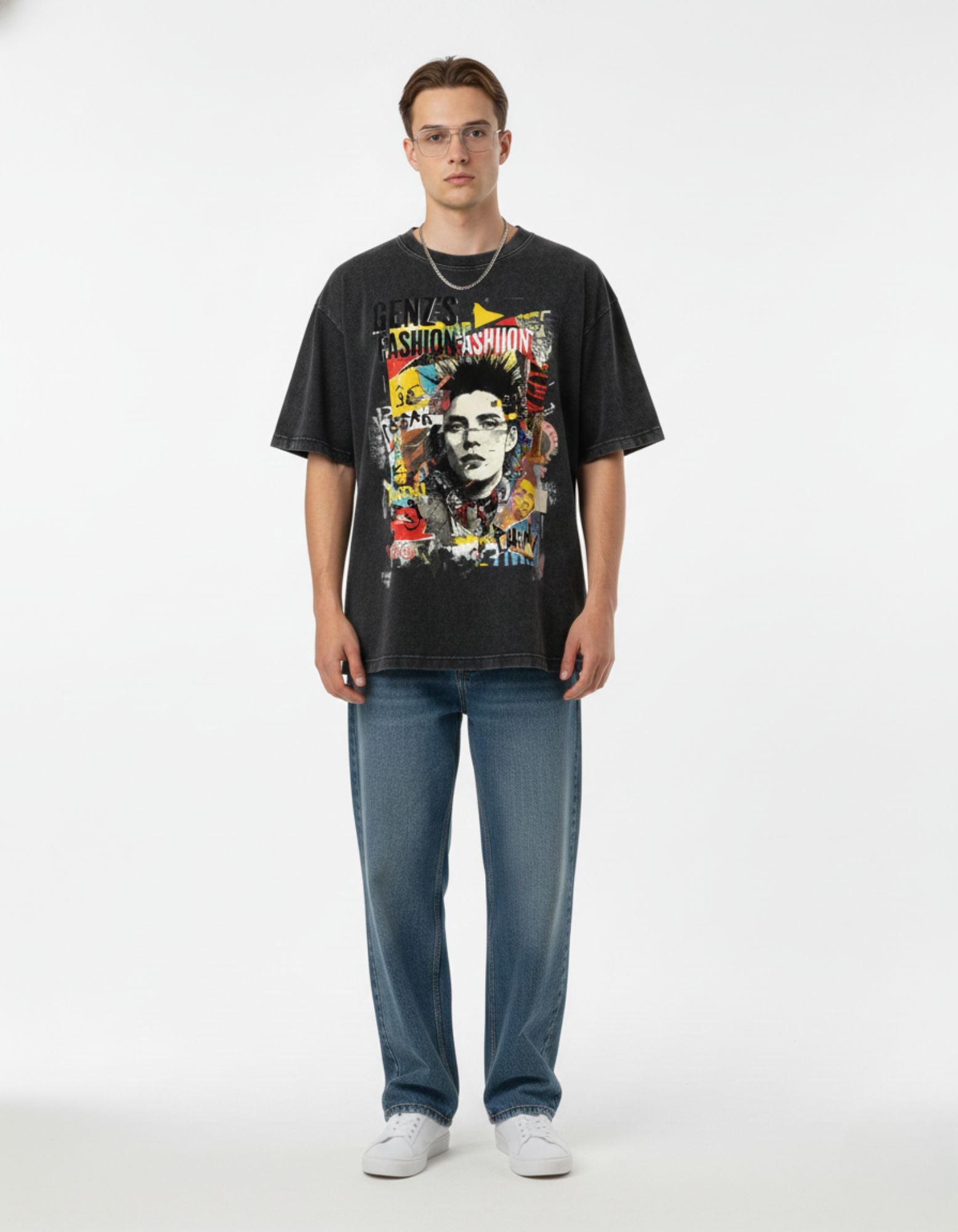 Buy the GENZs Fashion men's oversized charcoal vintage wash t-shirt featuring a colorful punk aesthetic collage graphic.