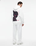 Full back view of the GENZs Fashion white hoodie with a custom pink-eye anime character print, premium minimalist streetwear for men.