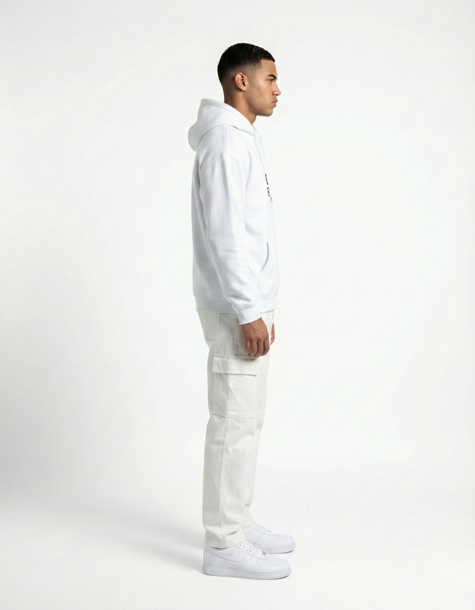 Side profile view of a minimalist white hoodie for men by GENZs FASHION.