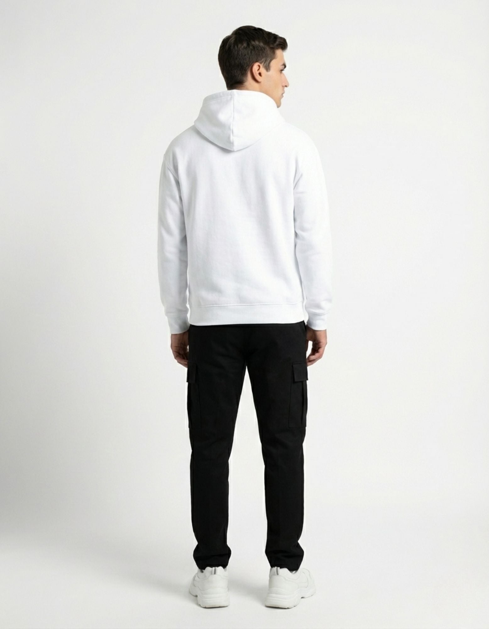 Back view of a male model wearing a GENZs Fashion white hoodie, showing the clean fit and high-quality fabric.