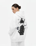 GENZs Fashion white oversized hoodie featuring a black Mob Psycho 100 Shigeo Kageyama graphic on the back.