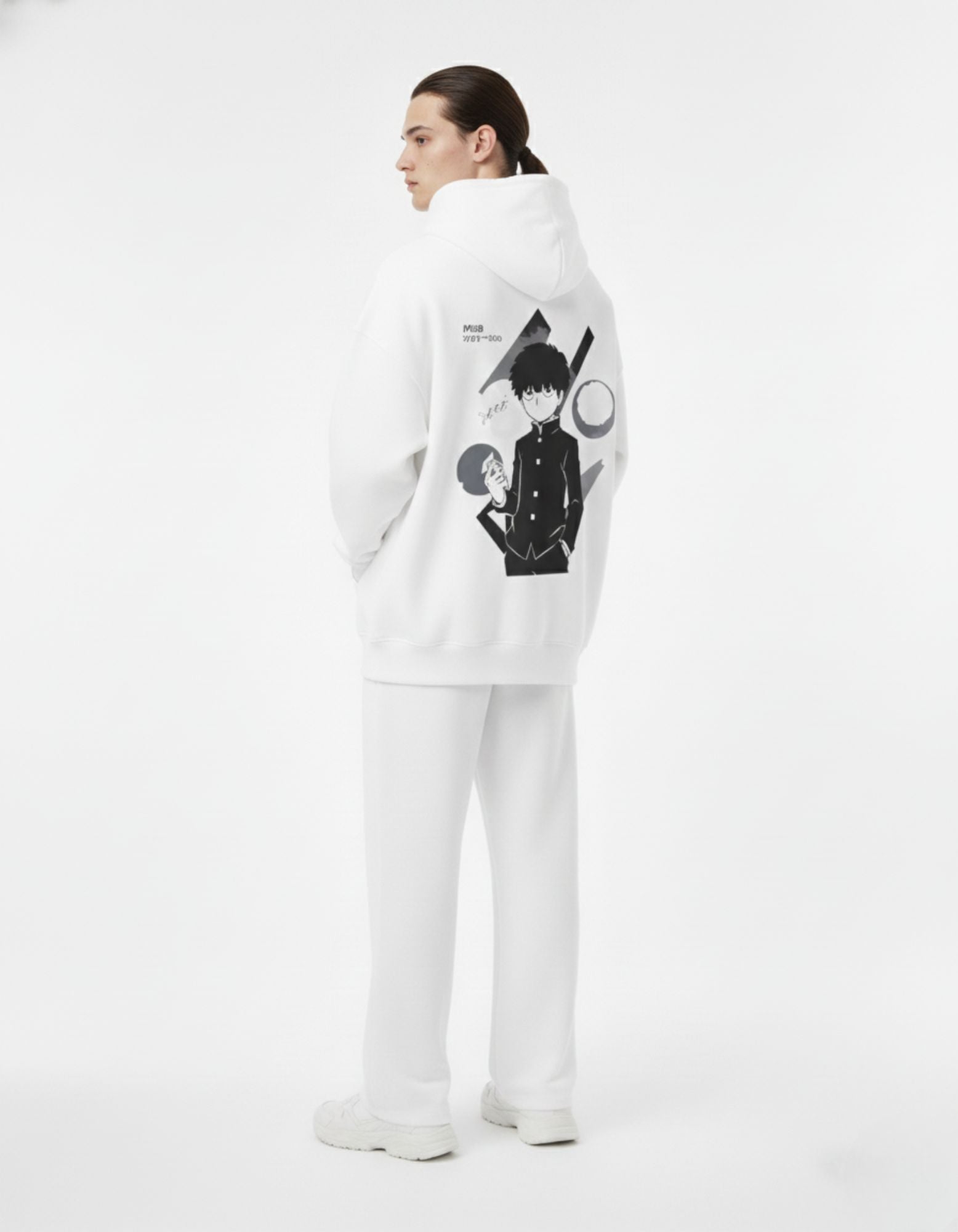Detailed back view of white oversized hoodie featuring Shigeo Kageyama Mob Psycho 100 graphic from GENZs Fashion.