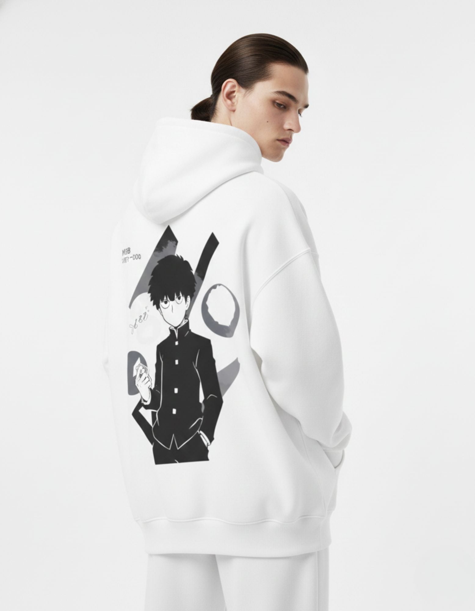 Close up of Shigeo Kageyama graphic on the back of a GENZs Fashion white oversized streetwear hoodie.