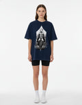 Front view of a women's navy blue oversized t-shirt with a detailed anime girl and sword graphic in a diamond frame.