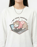 Close-up of "Not Today, Deadlines" cute cat on a laptop graphic on a white GENZs Fashion long-sleeve tee for student-life aesthetic.