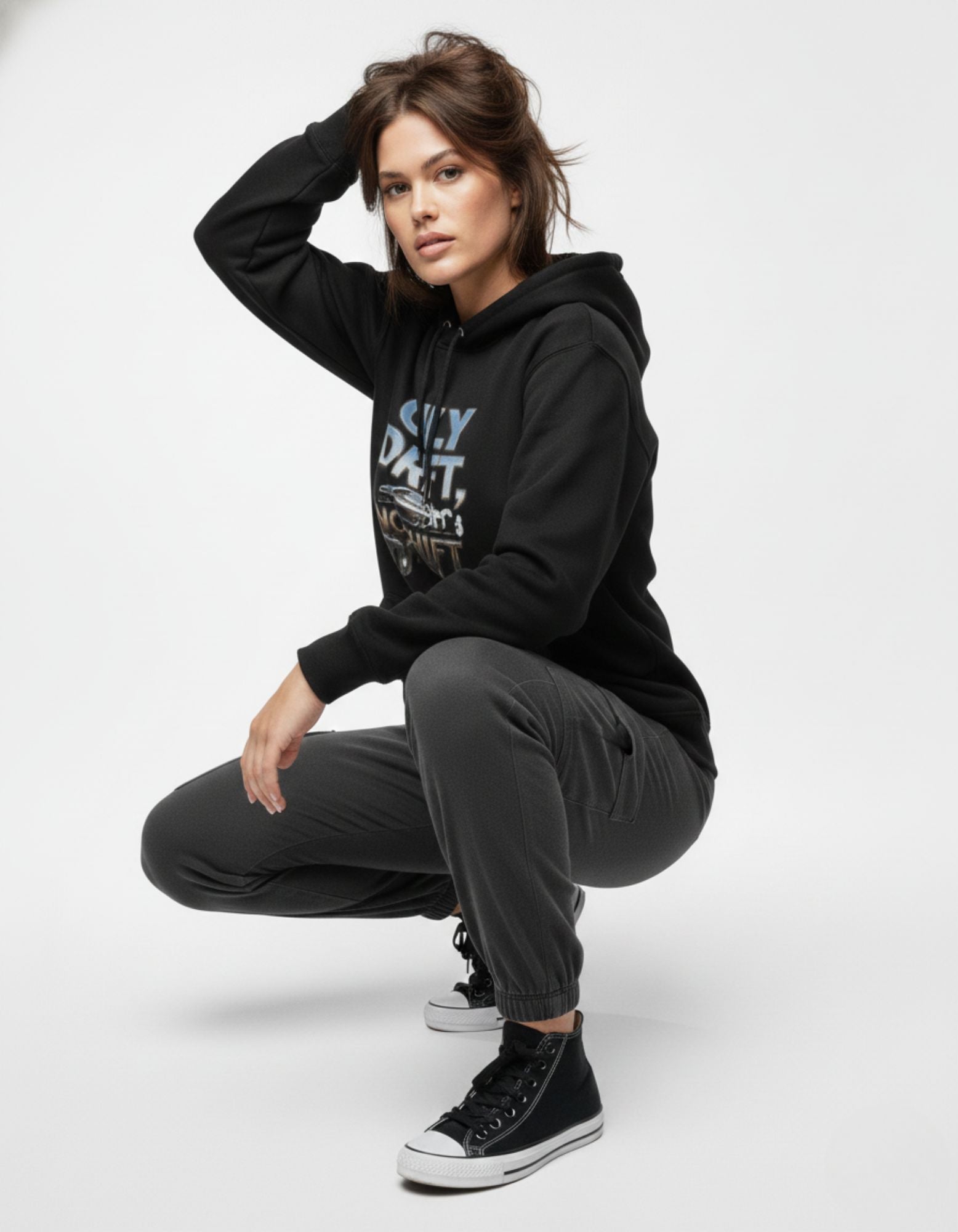 Side angle of a female model in the GENZs Fashion "Only Drift, No Shift" hoodie, perfect for fans of car aesthetic and drifting culture.