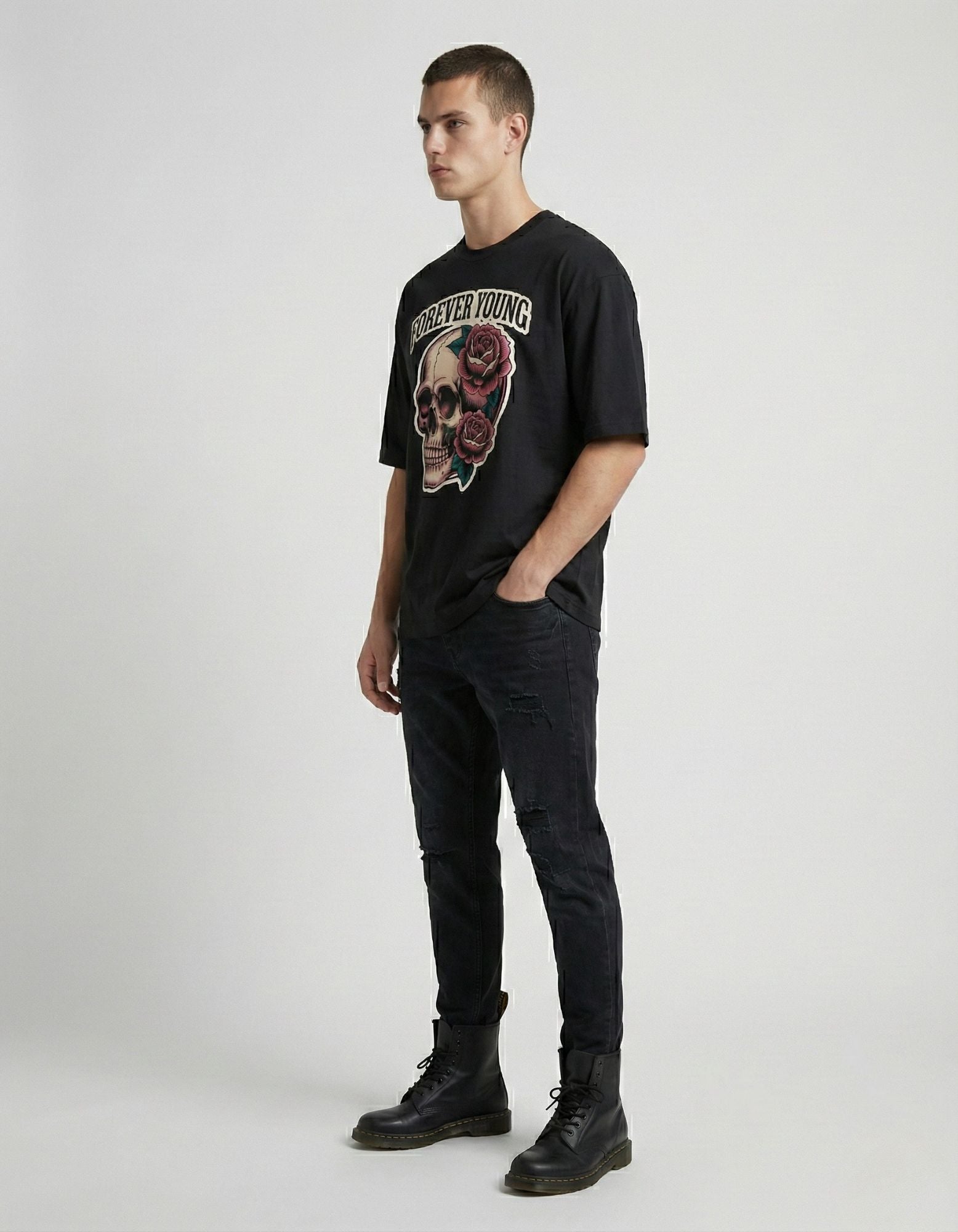 Side view of black oversized t-shirt for men with vintage skull graphic from GENZs Fashion.