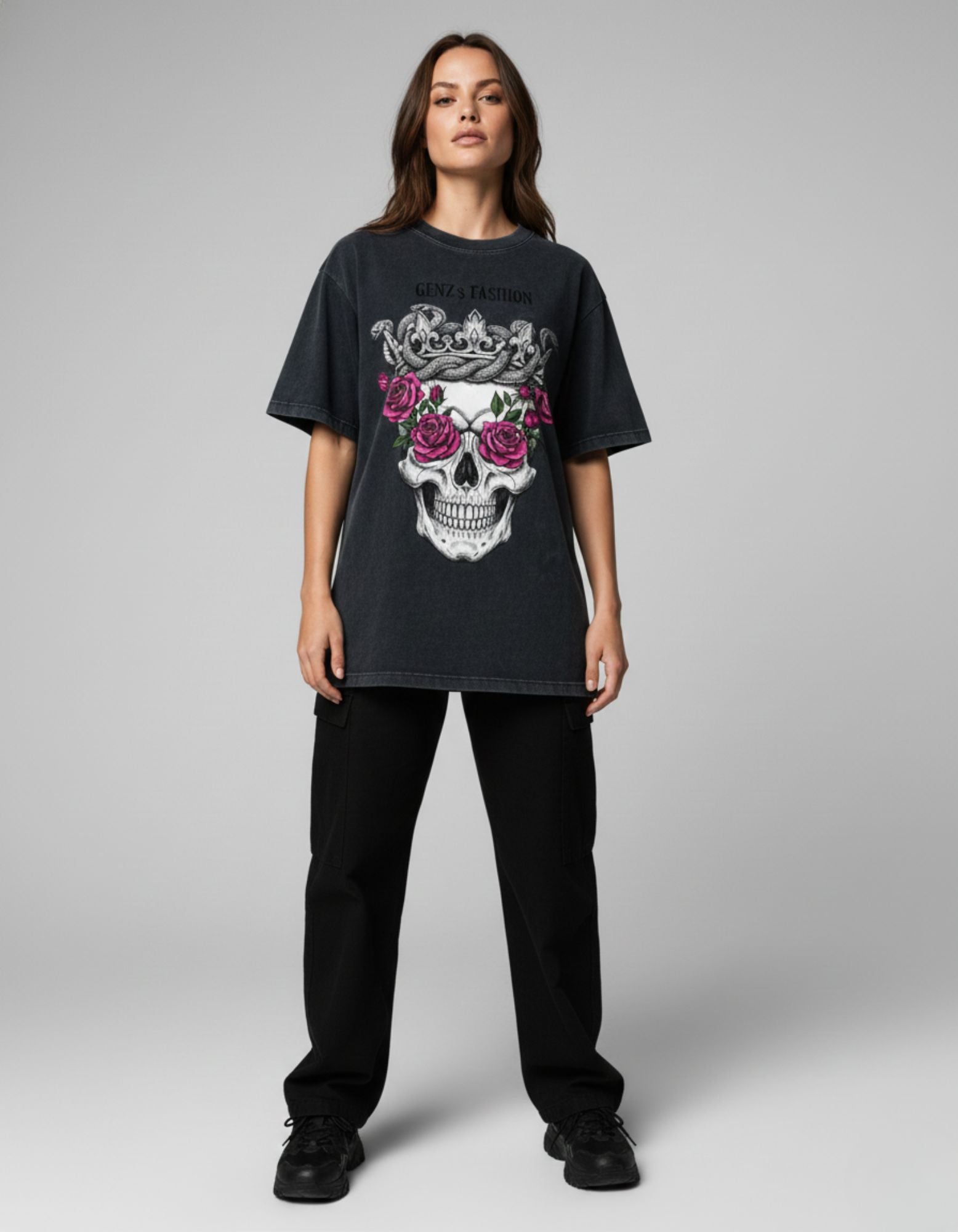 Front view of GENZs Fashion unisex oversized t-shirt in charcoal black featuring a premium skull and snake graphic print.