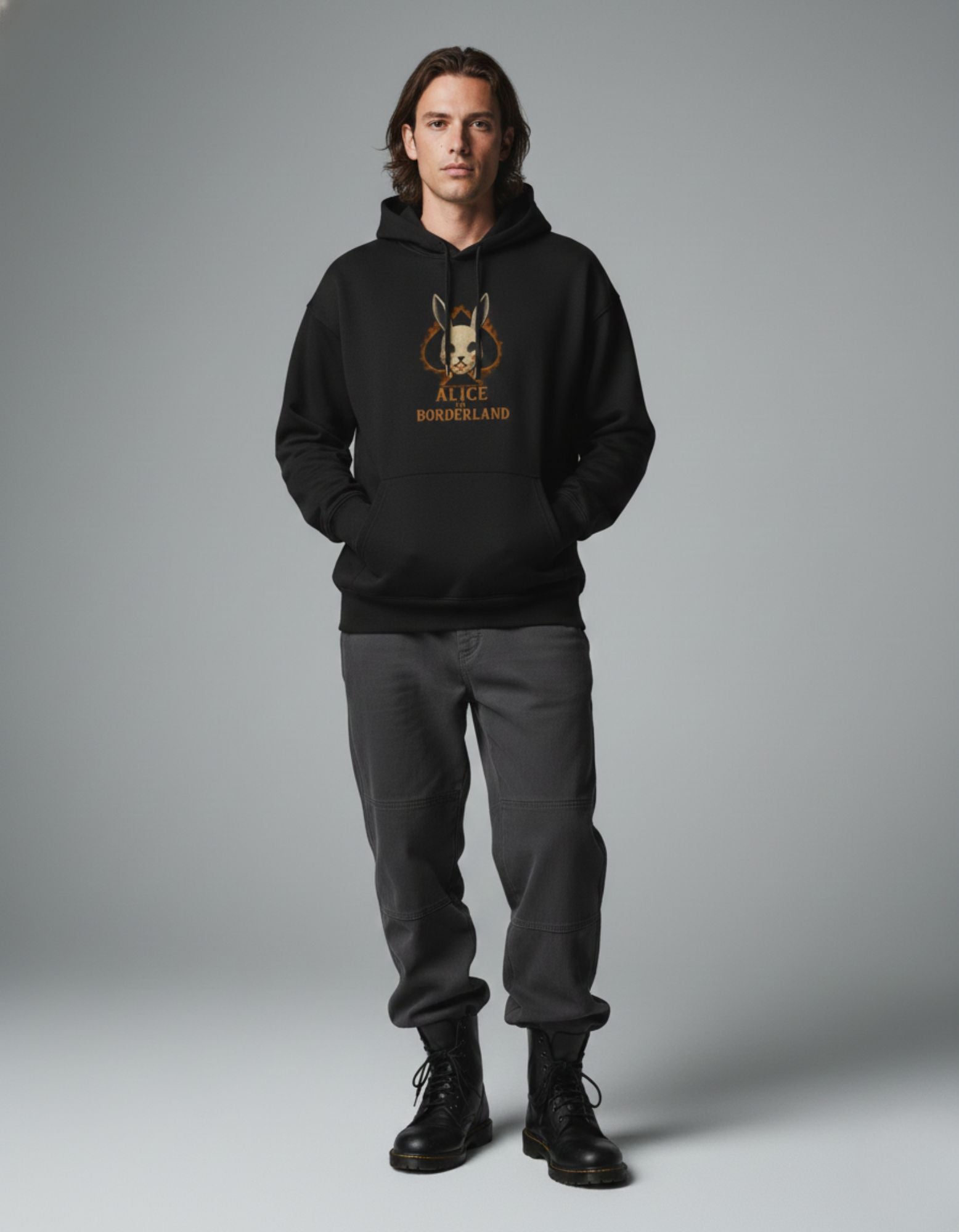 Back view of black oversized hoodie showing clean plain back design