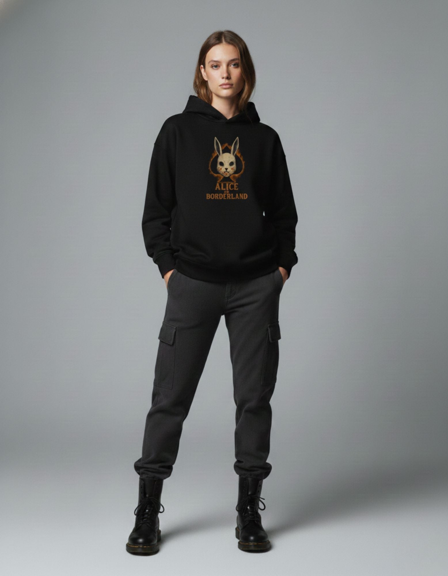 Front view of black oversized hoodie featuring Alice Borderland graphic print