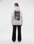 Back full view of light grey oversized hoodie with anime graphic print
