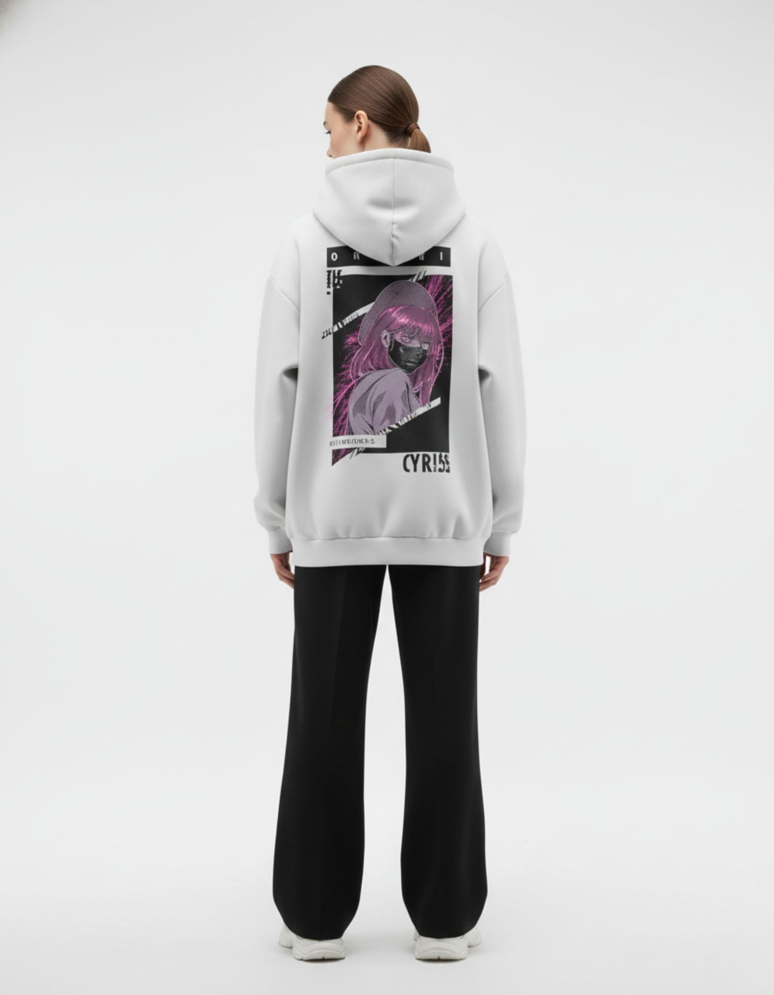 Back full view of light grey oversized hoodie with anime graphic print
